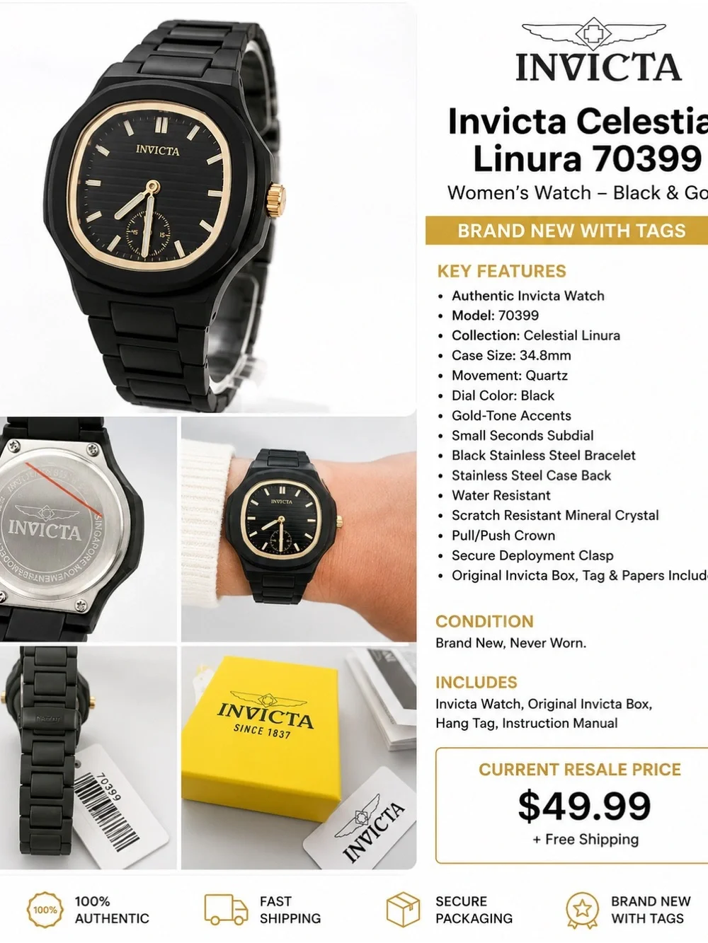 Invicta Women's Black Watch with Gold Accents